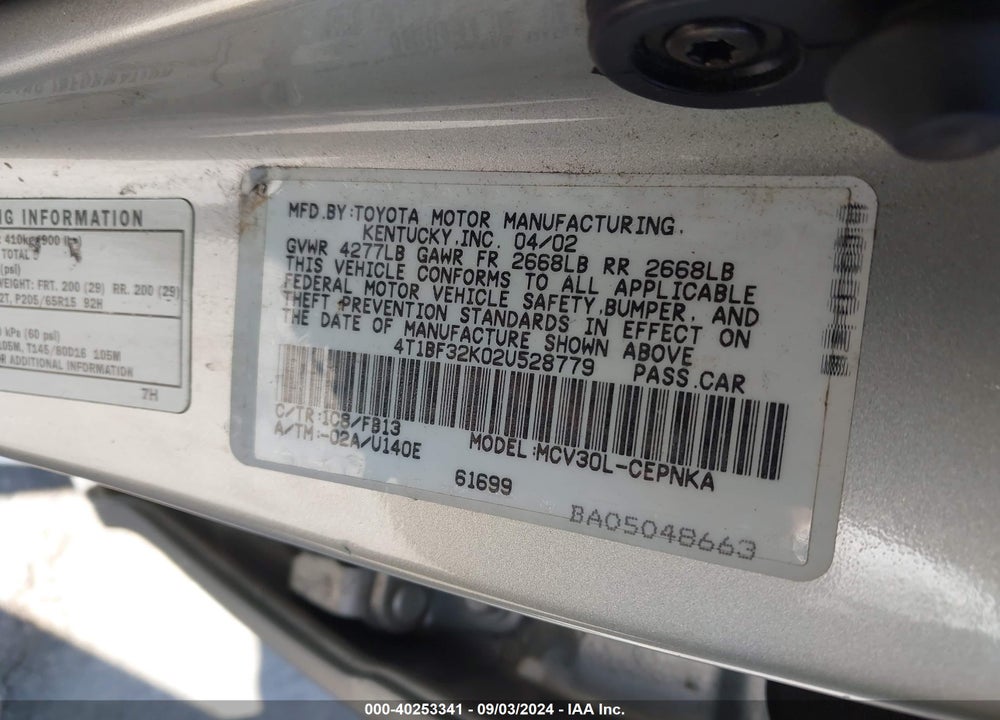 2002 TOYOTA CAMRY LE V6 VIN: 4T1BF32K02U528779