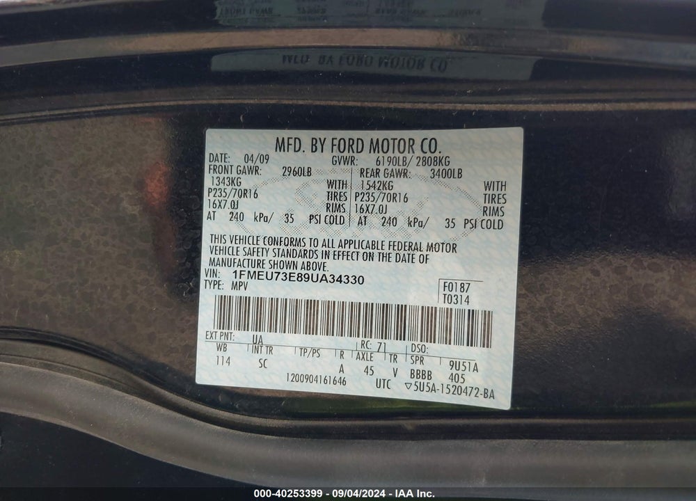 2009 FORD EXPLORER XLT VIN: 1FMEU73E89UA34330