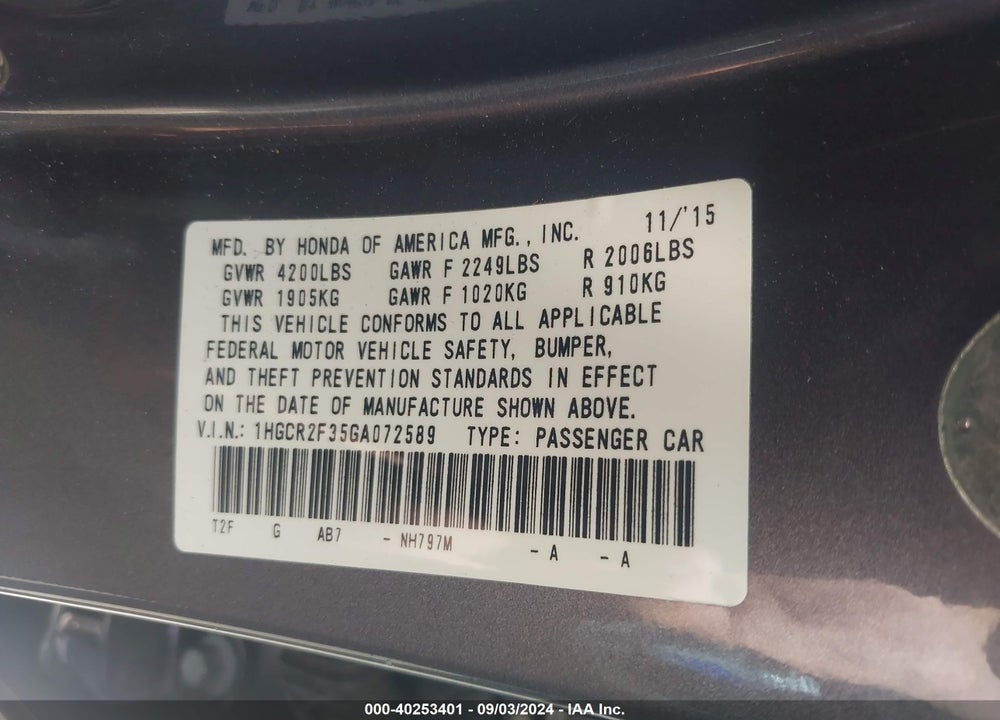 2016 HONDA ACCORD LX VIN: 1HGCR2F35GA072589