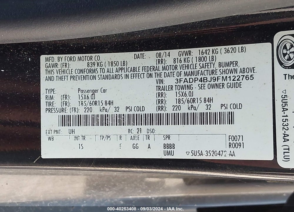 2015 FORD FIESTA SE VIN: 3FADP4BJ9FM122765