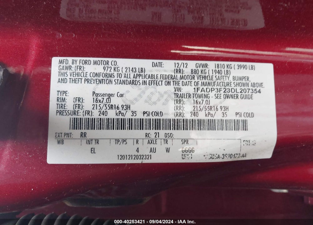 2013 FORD FOCUS SE VIN: 1FADP3F23DL207354