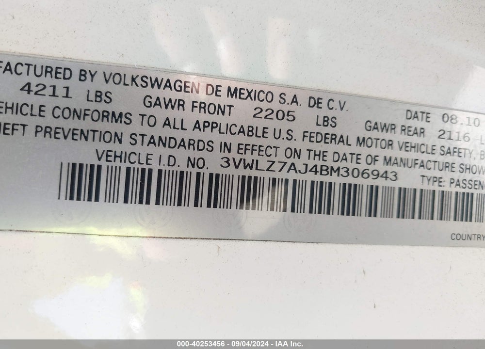 2011 VOLKSWAGEN JETTA 2.5L SEL VIN: 3VWLZ7AJ4BM306943