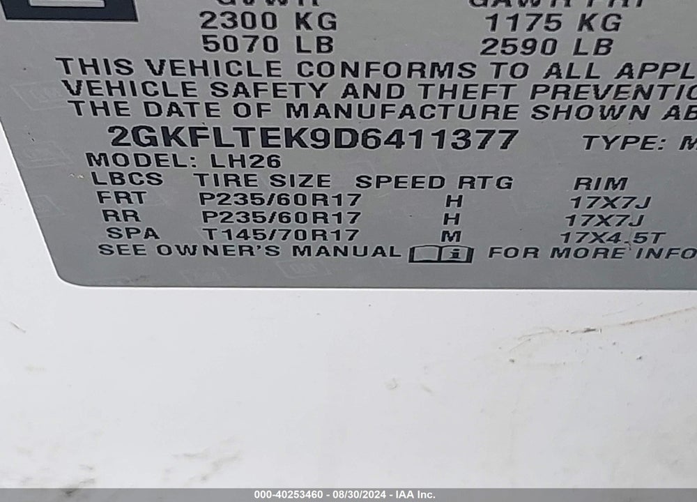 2013 GMC TERRAIN VIN: 2GKFLTEK9D6411377
