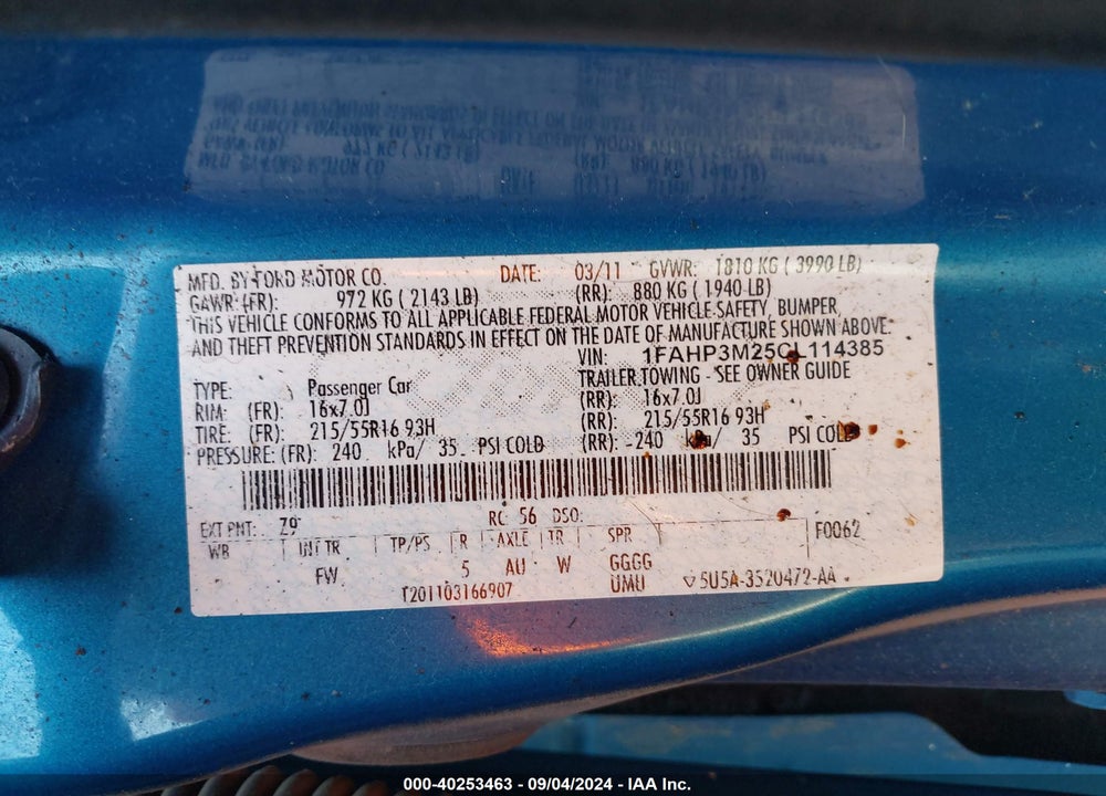 2012 FORD FOCUS VIN: 1FAHP3M25CL114385