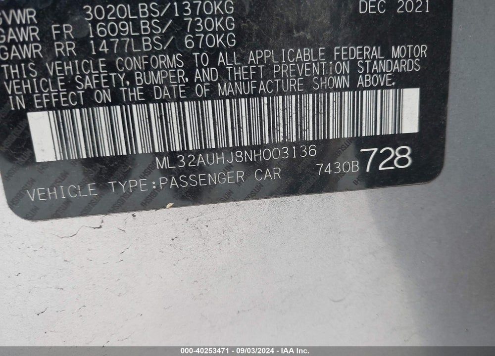 2022 MITSUBISHI MIRAGE ES/LE VIN: ML32AUHJ8NH003136