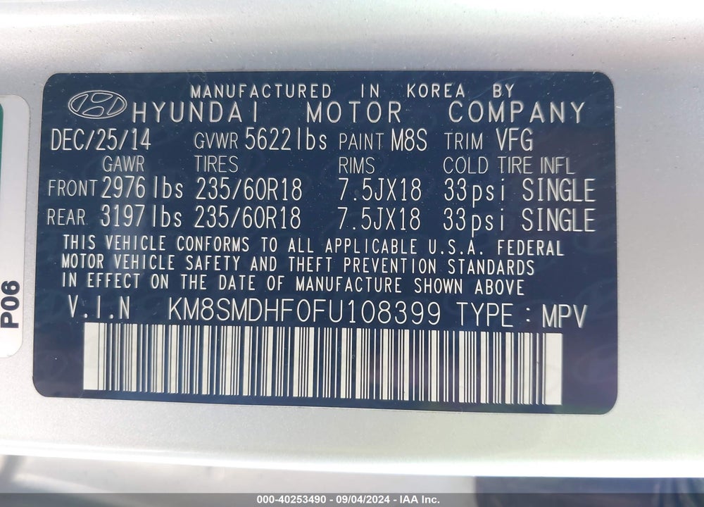 2015 HYUNDAI SANTA FE GLS VIN: KM8SMDHF0FU108399