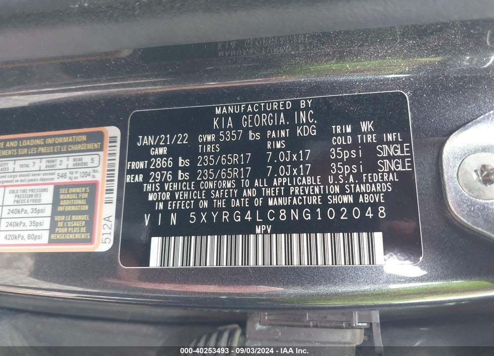2022 KIA SORENTO LX VIN: 5XYRG4LC8NG102048