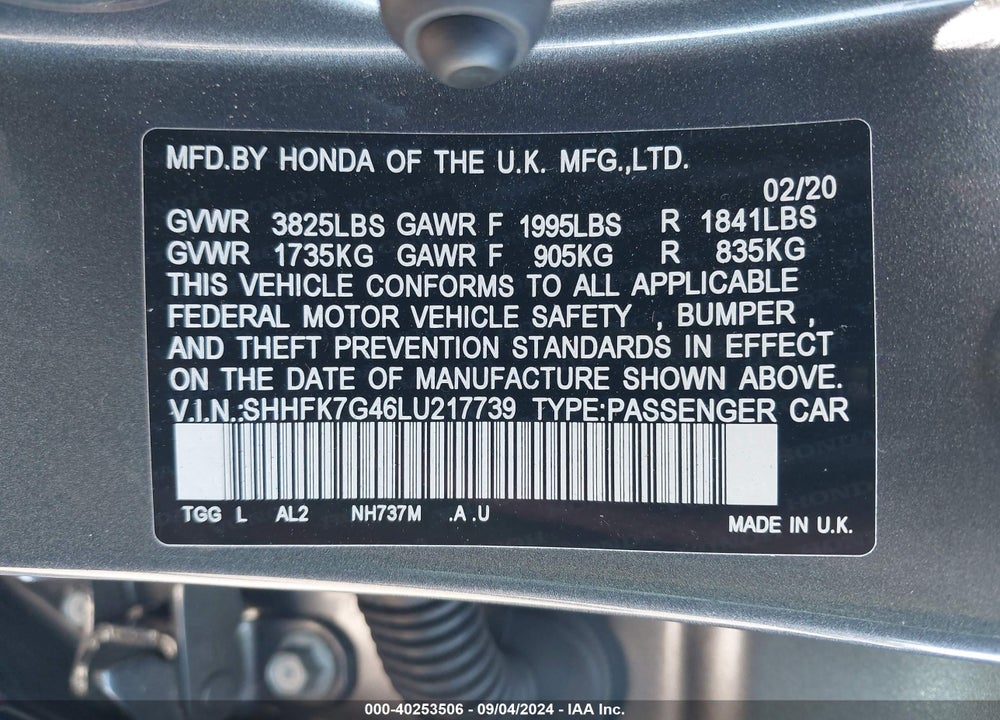 2020 HONDA CIVIC SPORT VIN: SHHFK7G46LU217739