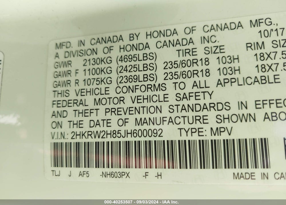 2018 HONDA CR-V EX-L/EX-L NAVI VIN: 2HKRW2H85JH600092