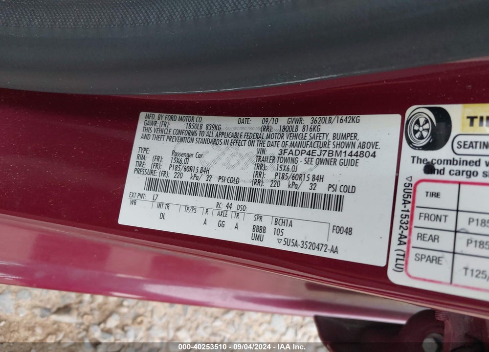 2011 FORD FIESTA SE VIN: 3FADP4EJ7BM144804