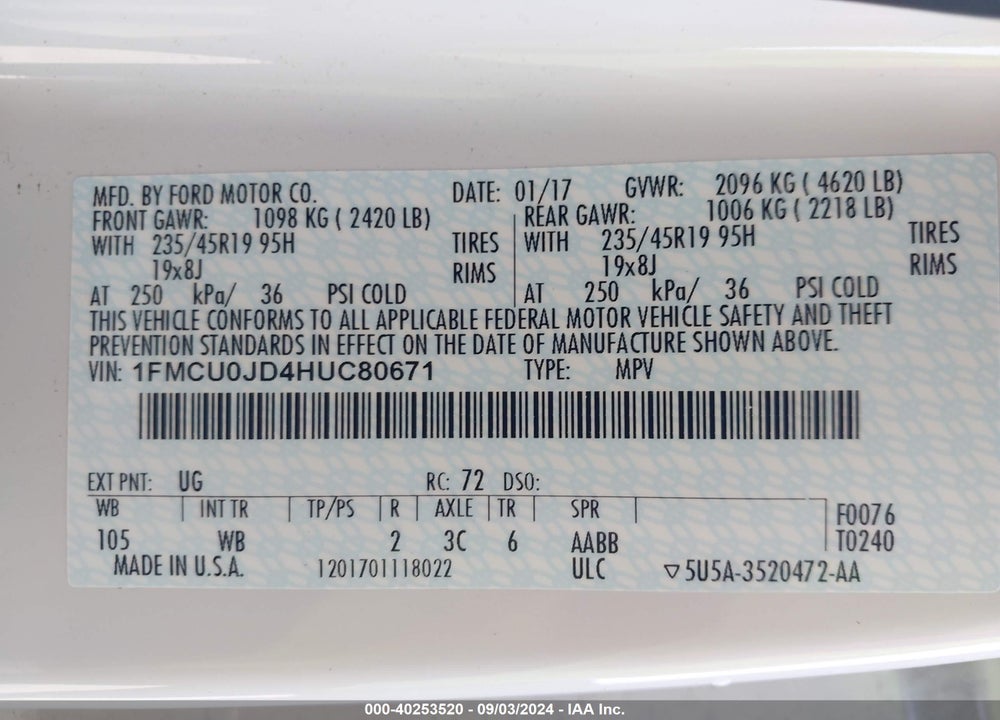 2017 FORD ESCAPE TITANIUM VIN: 1FMCU0JD4HUC80671