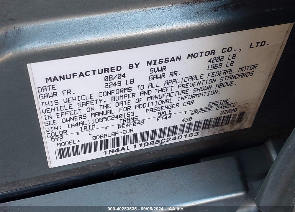 2005 NISSAN ALTIMA 2.5 S VIN: 1N4AL11D85C240153