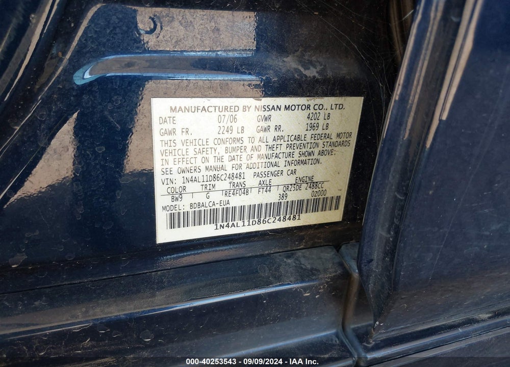 2006 NISSAN ALTIMA 2.5 S VIN: 1N4AL11D86C248481