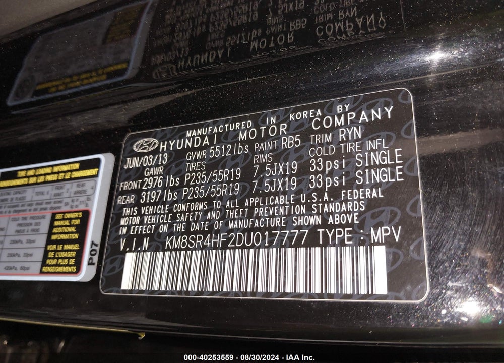 2013 HYUNDAI SANTA FE LIMITED VIN: KM8SR4HF2DU017777