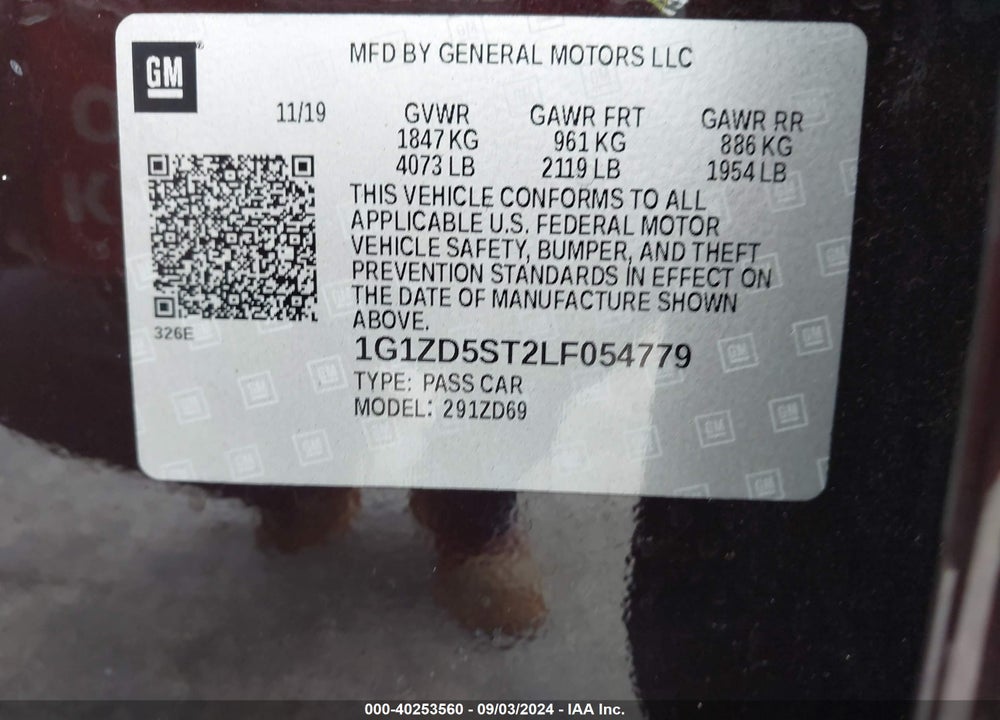 2020 CHEVROLET MALIBU FWD LT VIN: 1G1ZD5ST2LF054779