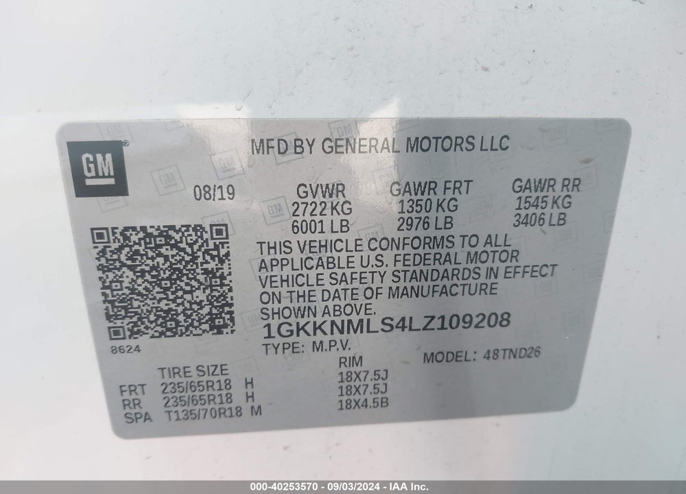 2020 GMC ACADIA FWD SLT VIN: 1GKKNMLS4LZ109208