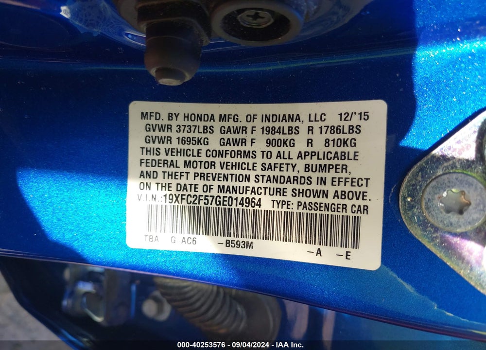 2016 HONDA CIVIC LX VIN: 19XFC2F57GE014964