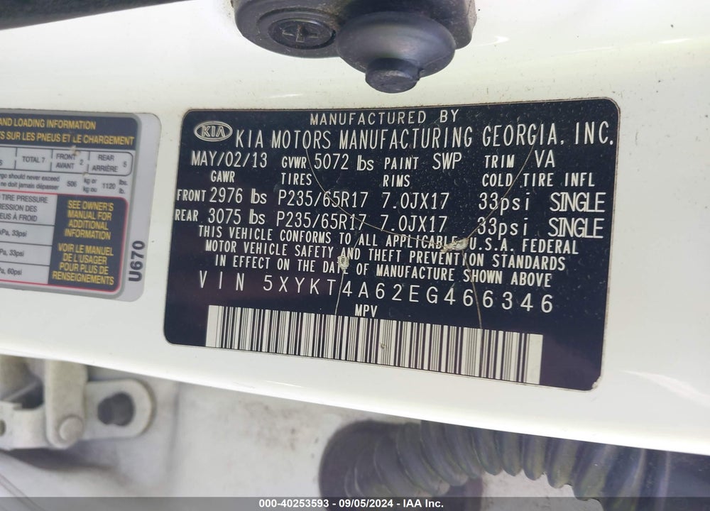 2014 KIA SORENTO VIN: 5XYKT4A62EG466346