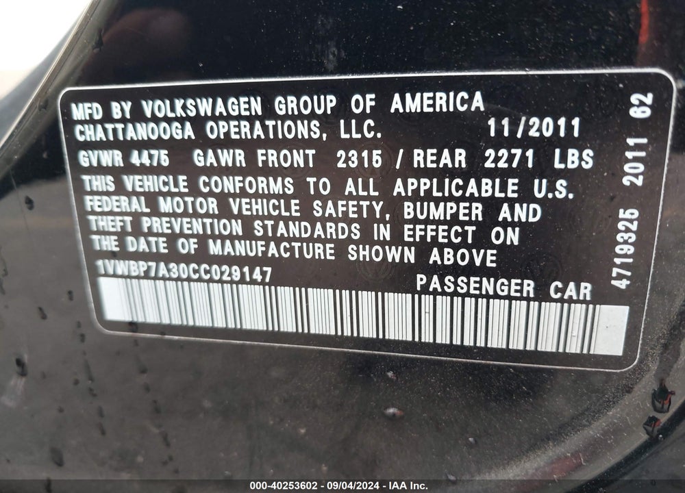 2012 VOLKSWAGEN PASSAT 2.5L SE VIN: 1VWBP7A30CC029147