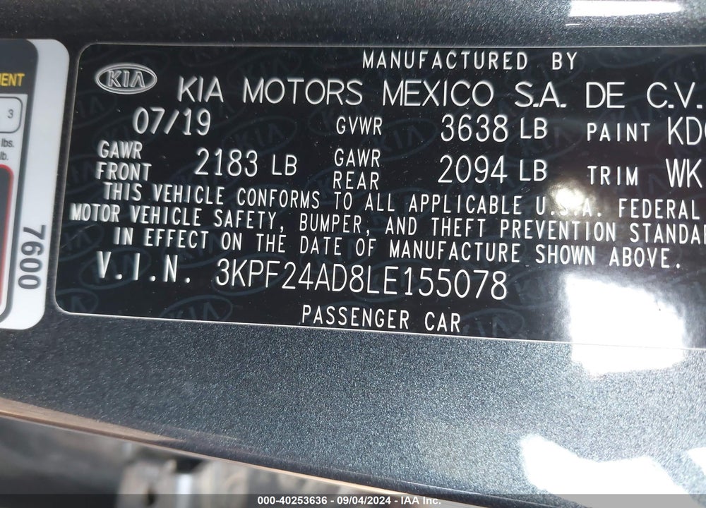2020 KIA FORTE FE VIN: 3KPF24AD8LE155078