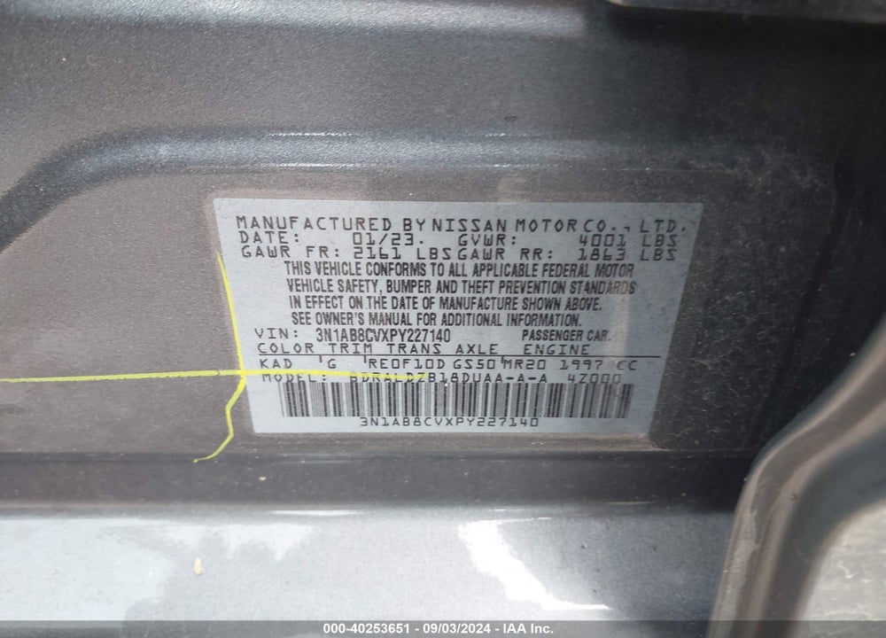 2023 NISSAN SENTRA SV XTRONIC CVT VIN: 3N1AB8CVXPY227140