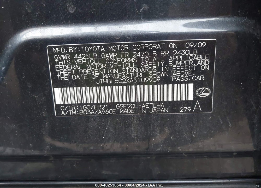 2010 LEXUS IS 250 VIN: JTHBF5C2XA5109909