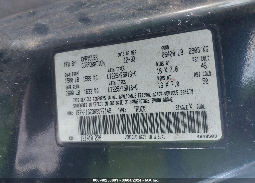1994 DODGE RAM 1500 VIN: 1B7HF16Z3RS577149