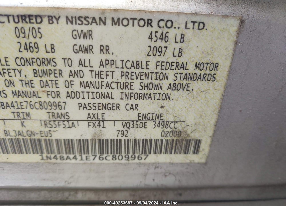 2006 NISSAN MAXIMA 3.5 SL VIN: 1N4BA41E76C809967