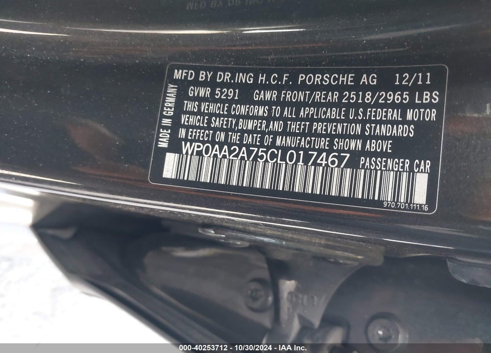 2012 PORSCHE PANAMERA 4 VIN: WP0AA2A75CL017467