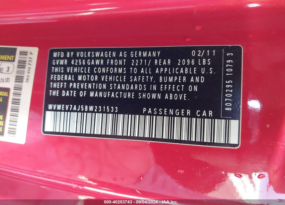 2011 VOLKSWAGEN GTI 2-DOOR VIN: WVWEV7AJ5BW231533