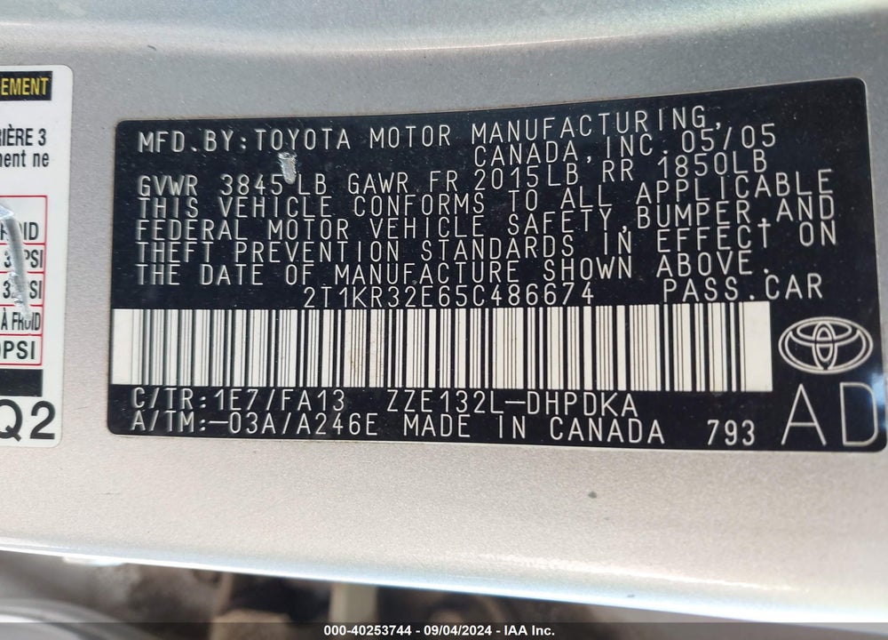 2005 TOYOTA MATRIX VIN: 2T1KR32E65C486674