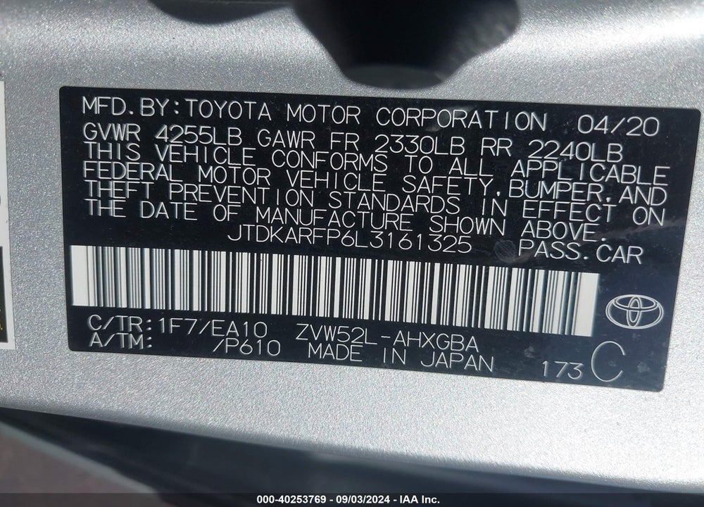 2020 TOYOTA PRIUS PRIME VIN: JTDKARFP6L3161325