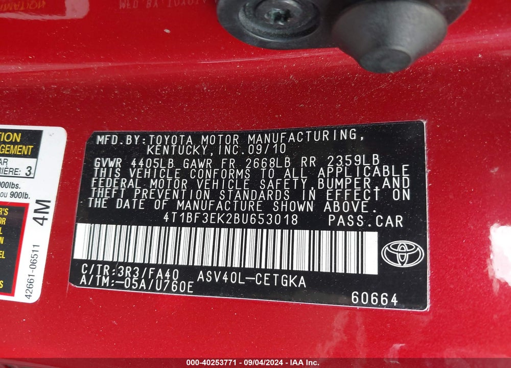 2011 TOYOTA CAMRY XLE VIN: 4T1BF3EK2BU653018