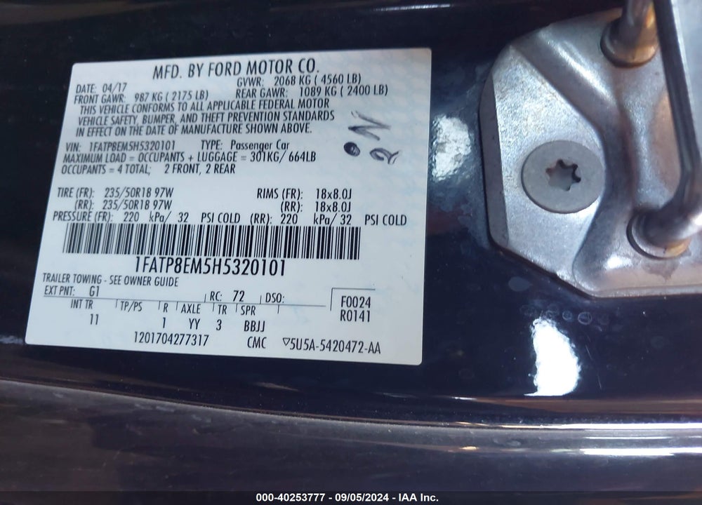 2017 FORD MUSTANG V6 VIN: 1FATP8EM5H5320101