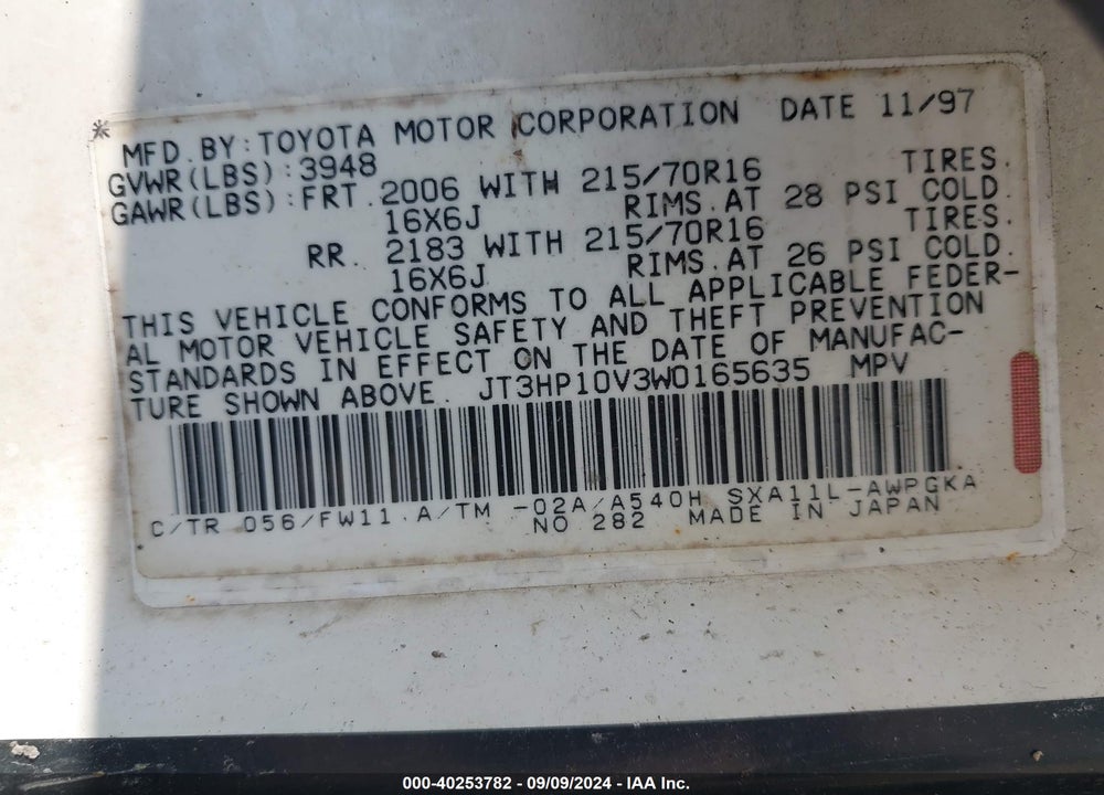 1998 TOYOTA RAV4 VIN: JT3HP10V3W0165635