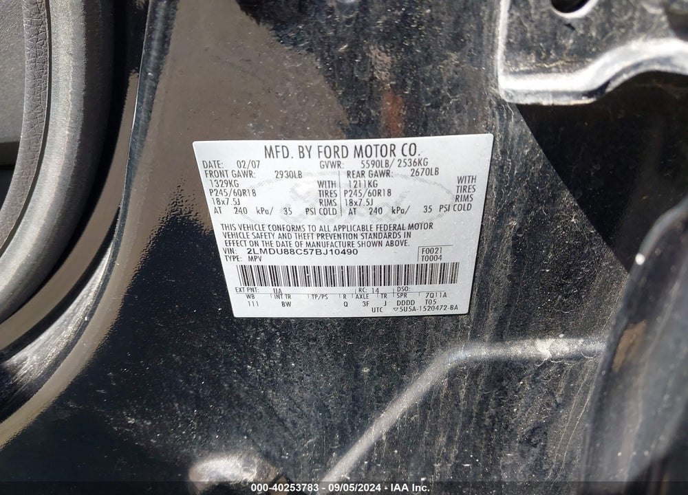 2007 LINCOLN MKX VIN: 2LMDU88C57BJ10490