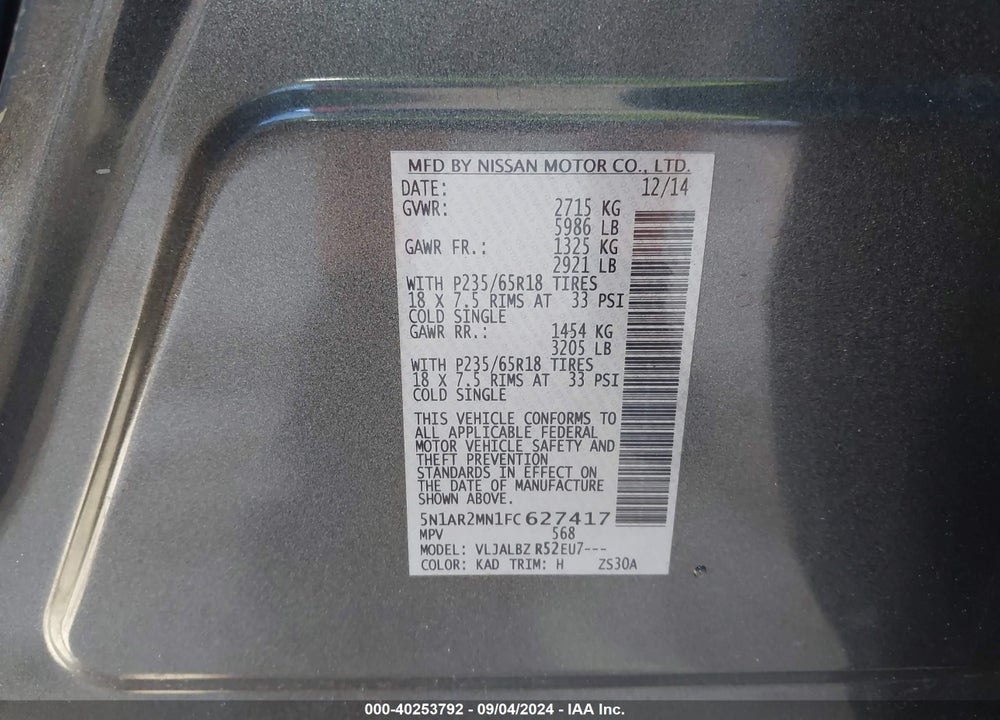 2015 NISSAN PATHFINDER S VIN: 5N1AR2MN1FC627417