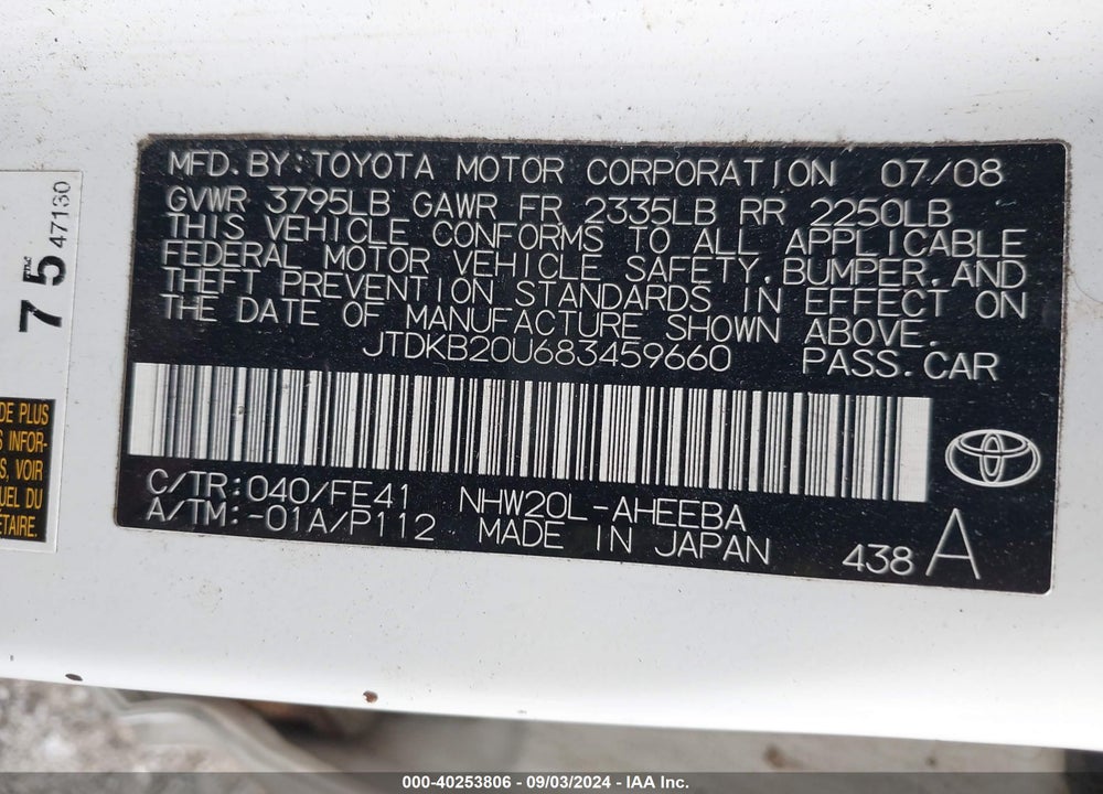 2008 TOYOTA PRIUS VIN: JTDKB20U683459660