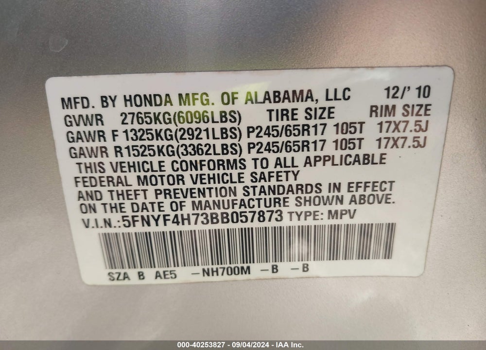 2011 HONDA PILOT EX-L VIN: 5FNYF4H73BB057873