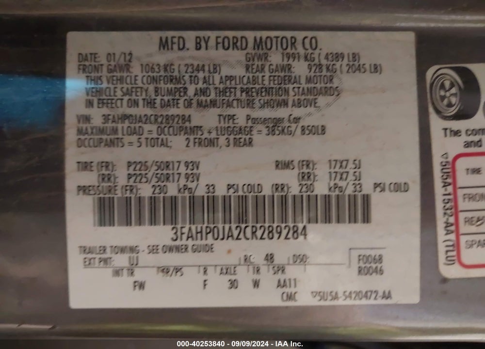 2012 FORD FUSION SEL VIN: 3FAHP0JA2CR289284