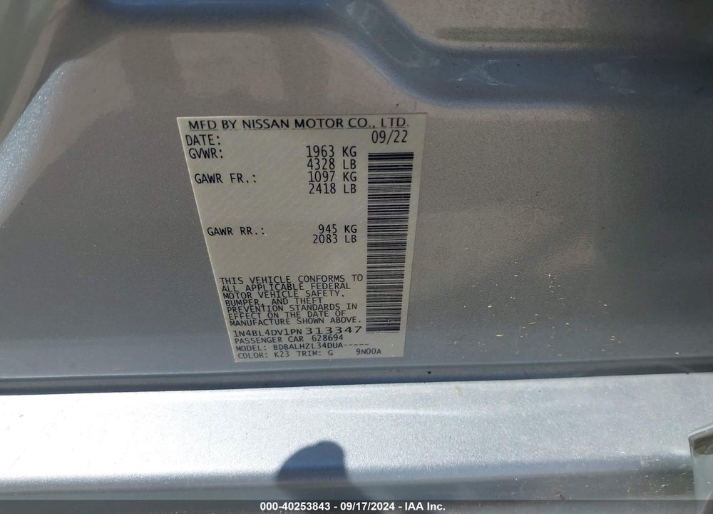 2023 NISSAN ALTIMA SV FWD VIN: 1N4BL4DV1PN313347