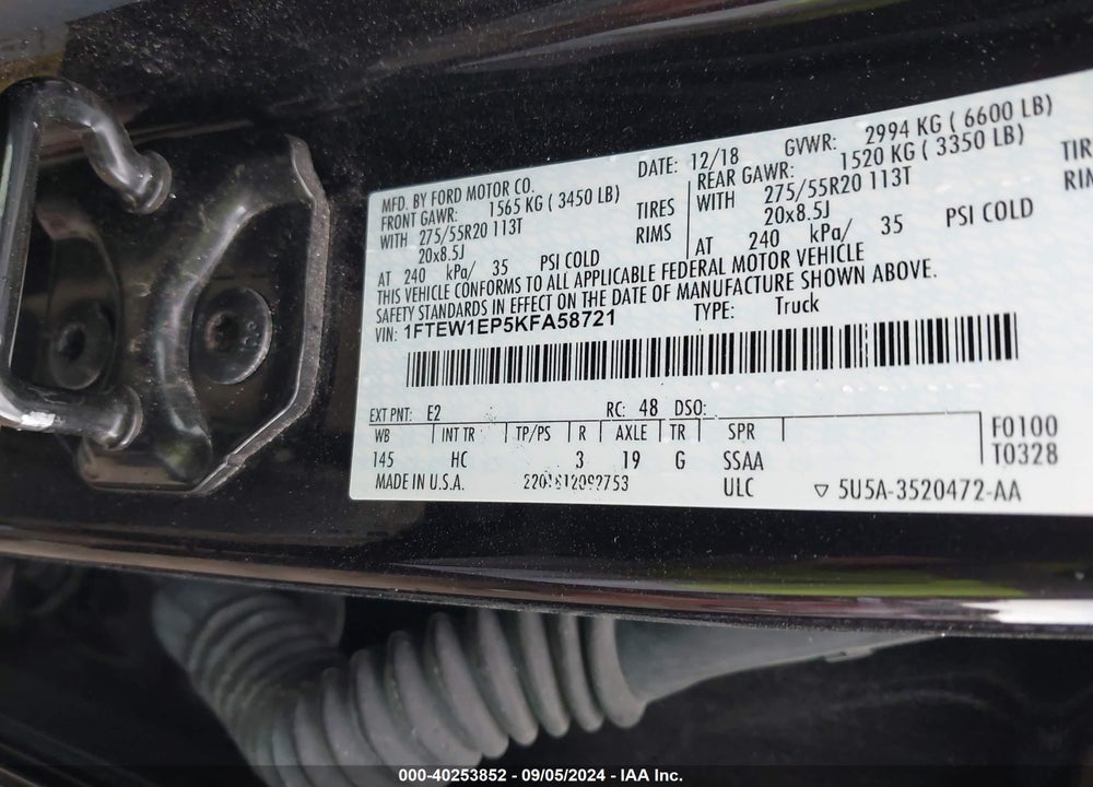 2019 FORD F-150 LARIAT VIN: 1FTEW1EP5KFA58721