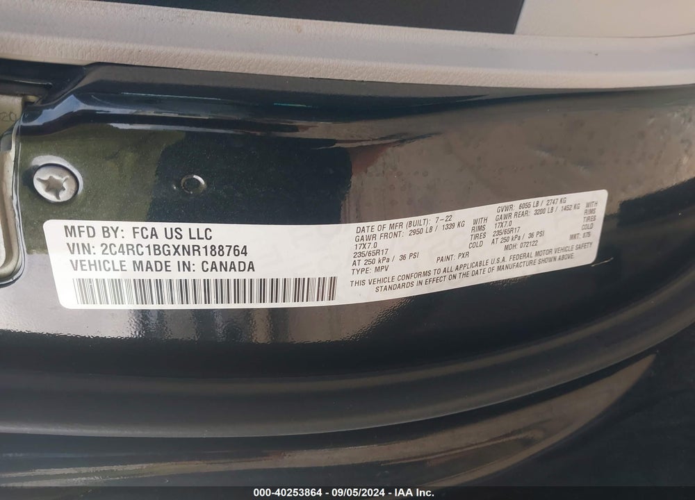 2022 CHRYSLER PACIFICA TOURING L VIN: 2C4RC1BGXNR188764