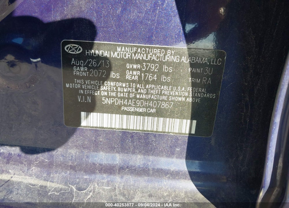 2013 HYUNDAI ELANTRA GLS VIN: 5NPDH4AE9DH407867