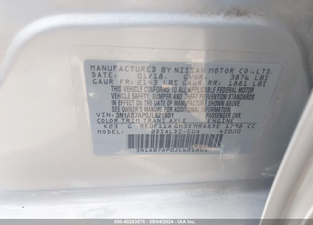 2018 NISSAN SENTRA SV VIN: 3N1AB7AP0JL621801