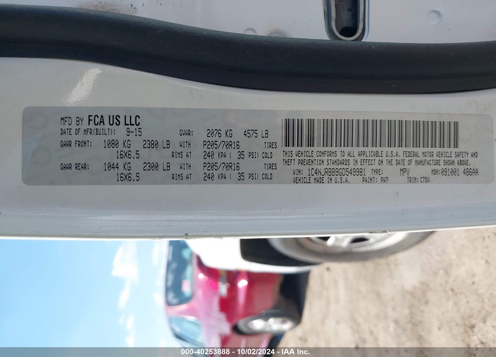 2016 JEEP PATRIOT SPORT VIN: 1C4NJRBB9GD549981
