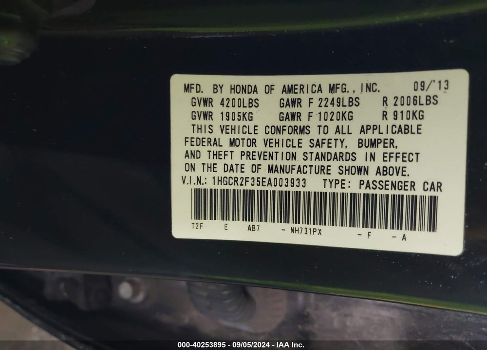 2014 HONDA ACCORD LX VIN: 1HGCR2F35EA003933