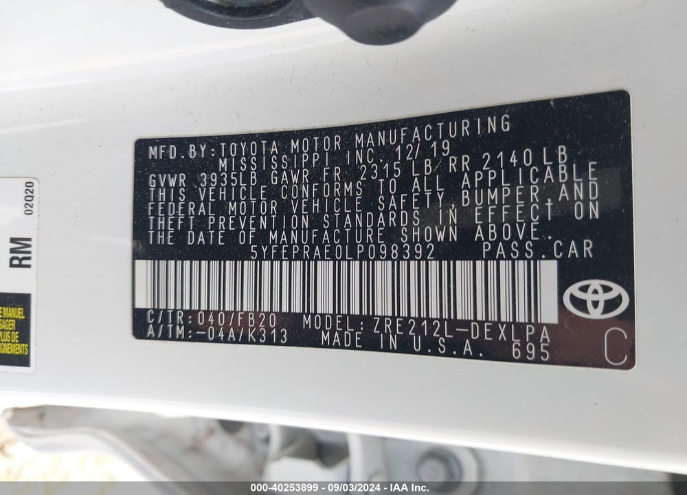 2020 TOYOTA COROLLA LE VIN: 5YFEPRAE0LP098392