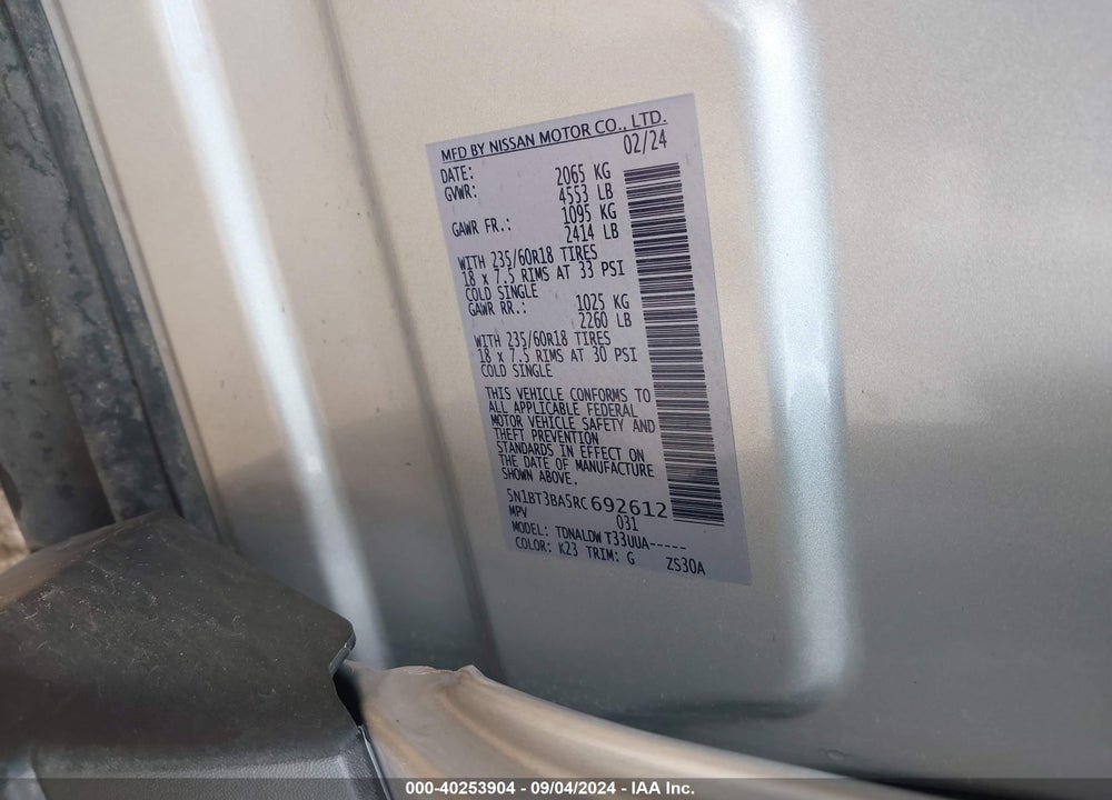 2024 NISSAN ROGUE SV FWD VIN: 5N1BT3BA5RC692612