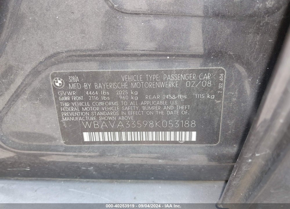 2008 BMW 328I VIN: WBAVA33598K053188